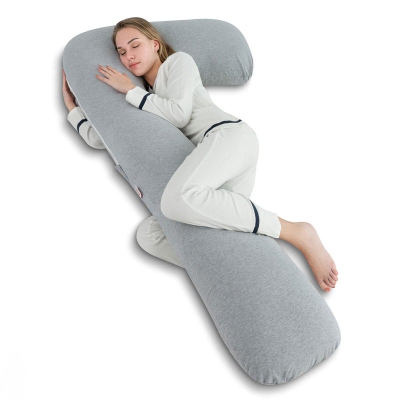 AngQi Body Pregnancy Pillow with Jersey Cover, L Shaped Full Body Pillow for Pregnant Women and Side Sleeping, Gray - Image 1